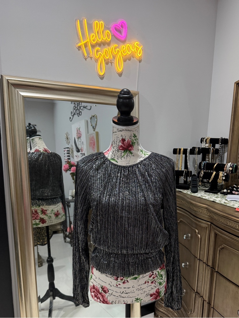 Zara Metallic Black Long-Sleeve Smocked Waist Top